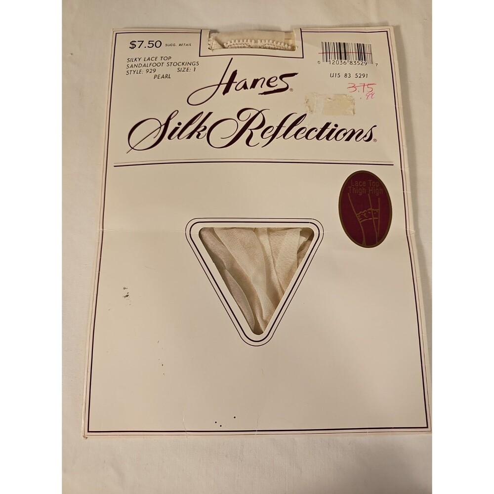 Vintage Hanes Silk Reflections Silky Lace Top Thigh High Peal Size 1